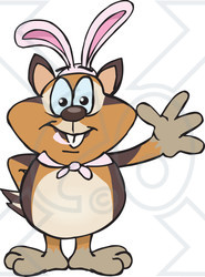 Clipart of a Friendly Waving Chipmunk Wearing Easter Bunny Ears - Royalty Free Vector Illustration