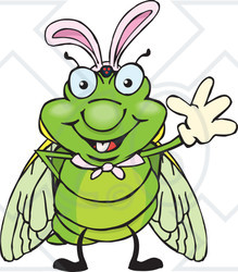 Clipart of a Friendly Waving Cicada Wearing Easter Bunny Ears - Royalty Free Vector Illustration