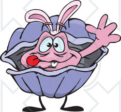 Clipart of a Friendly Waving Clam Wearing Easter Bunny Ears - Royalty Free Vector Illustration