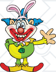 Clipart of a Friendly Waving Clown Wearing Easter Bunny Ears - Royalty Free Vector Illustration
