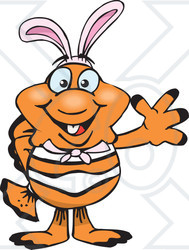 Clipart of a Friendly Waving Clownfish Wearing Easter Bunny Ears - Royalty Free Vector Illustration