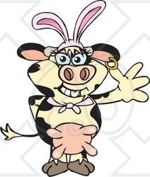 Clipart of a Friendly Waving Holstein Dairy Cow Wearing Easter Bunny Ears - Royalty Free Vector Illustration