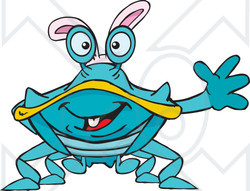 Clipart of a Friendly Waving Blue Crab Wearing Easter Bunny Ears - Royalty Free Vector Illustration