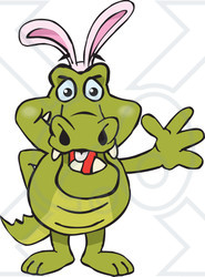 Clipart of a Friendly Waving Crocodile Wearing Easter Bunny Ears - Royalty Free Vector Illustration