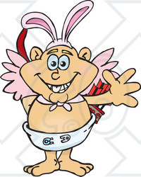 Clipart of a Friendly Waving Cupid Wearing Easter Bunny Ears - Royalty Free Vector Illustration