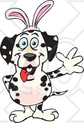 Clipart of a Friendly Waving Dalmatian Dog Wearing Easter Bunny Ears - Royalty Free Vector Illustration