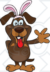 Clipart of a Friendly Waving Dachshund Dog Wearing Easter Bunny Ears - Royalty Free Vector Illustration