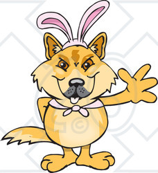 Clipart of a Friendly Waving Dingo Wearing Easter Bunny Ears - Royalty Free Vector Illustration