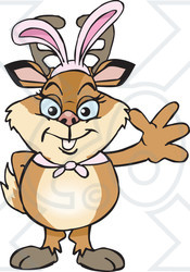 Clipart of a Friendly Waving Doe Deer Wearing Easter Bunny Ears - Royalty Free Vector Illustration