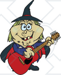 Clipart of a Cartoon Happy Witch Playing an Acoustic Guitar - Royalty Free Vector Illustration