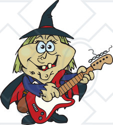 Clipart of a Cartoon Happy Witch Playing an Electric Guitar - Royalty Free Vector Illustration