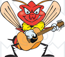 Clipart of a Cartoon Wasp Playing an Acoustic Guitar - Royalty Free Vector Illustration