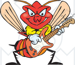 Clipart of a Cartoon Wasp Playing an Electric Guitar - Royalty Free Vector Illustration
