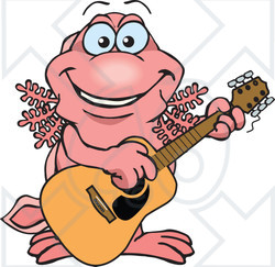 Clipart of a Cartoon Happy Walking Fish Playing an Acoustic Guitar - Royalty Free Vector Illustration
