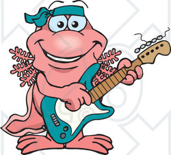 Clipart of a Cartoon Happy Walking Fish Playing an Electric Guitar - Royalty Free Vector Illustration
