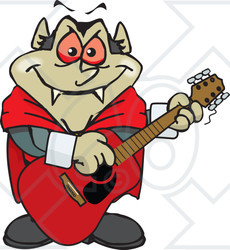 Clipart of a Cartoon Happy Dracula Vampire Playing an Acoustic Guitar - Royalty Free Vector Illustration