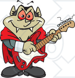 Clipart of a Cartoon Happy Dracula Vampire Playing an Electric Guitar - Royalty Free Vector Illustration