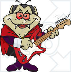 Clipart of a Cartoon Happy Vampiress Playing an Electric Guitar - Royalty Free Vector Illustration