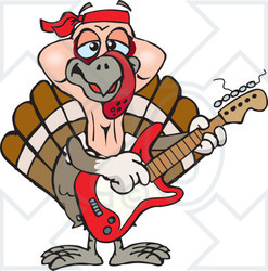 Clipart of a Cartoon Happy Turkey Bird Playing an Electric Guitar - Royalty Free Vector Illustration