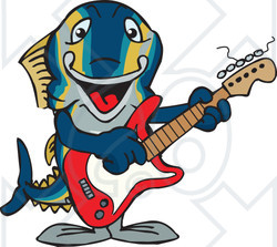 Clipart of a Cartoon Happy Tuna Fish Playing an Acoustic Guitar - Royalty Free Vector Illustration