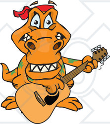 Clipart of a Cartoon Happy T Rex Dinosaur Playing an Acoustic Guitar - Royalty Free Vector Illustration