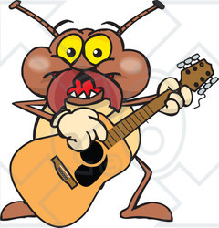Clipart of a Cartoon Happy Termite Playing an Acoustic Guitar - Royalty Free Vector Illustration