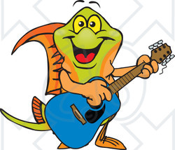 Clipart of a Cartoon Happy Swordtail Fish Playing an Acoustic Guitar - Royalty Free Vector Illustration