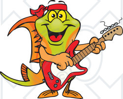 Clipart of a Cartoon Happy Swordtail Fish Playing an Electric Guitar - Royalty Free Vector Illustration