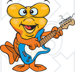 Clipart of a Cartoon Happy Goldfish Playing an Electric Guitar - Royalty Free Vector Illustration