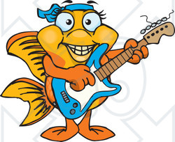 Clipart of a Cartoon Happy Fancy Goldfish Playing an Electric Guitar - Royalty Free Vector Illustration