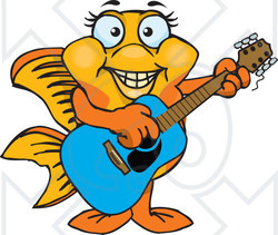 Clipart of a Cartoon Happy Fancy Goldfish Playing an Acoustic Guitar - Royalty Free Vector Illustration