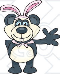 Clipart of a Friendly Waving Blue Eyed Panda Wearing Easter Bunny Ears - Royalty Free Vector Illustration