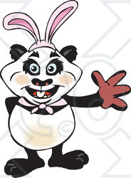 Clipart of a Friendly Waving Panda Wearing Easter Bunny Ears - Royalty Free Vector Illustration