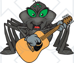 Clipart of a Cartoon Happy Black Widow Spider Playing an Acoustic Guitar - Royalty Free Vector Illustration