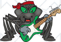 Clipart of a Cartoon Happy Black Widow Spider Playing an Electric Guitar - Royalty Free Vector Illustration