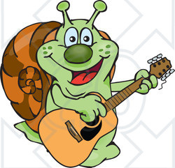 Clipart of a Cartoon Happy Snail Playing an Acoustic Guitar - Royalty Free Vector Illustration