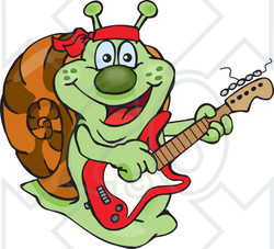 Clipart of a Cartoon Happy Snail Playing an Electric Guitar - Royalty Free Vector Illustration