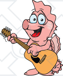 Clipart of a Cartoon Happy Pink Seahorse Playing an Acoustic Guitar - Royalty Free Vector Illustration
