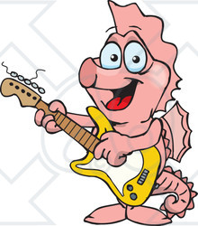 Clipart of a Cartoon Happy Pink Seahorse Playing an Electric Guitar - Royalty Free Vector Illustration