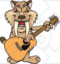 Clipart of a Cartoon Happy Saber Toothed Tiger Playing an Acoustic Guitar - Royalty Free Vector Illustration