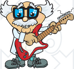 Clipart of a Cartoon Happy Scientist Playing an Electric Guitar - Royalty Free Vector Illustration