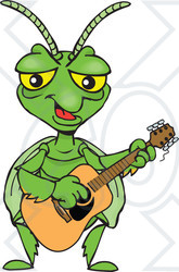 Clipart of a Cartoon Happy Praying Mantis Playing an Acoustic Guitar - Royalty Free Vector Illustration