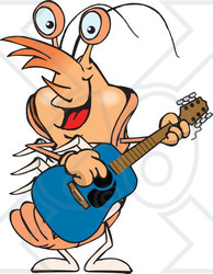 Clipart of a Cartoon Happy Prawn Shrimp Playing an Acoustic Guitar - Royalty Free Vector Illustration