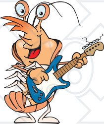 Clipart of a Cartoon Happy Prawn Shrimp Playing an Electric Guitar - Royalty Free Vector Illustration
