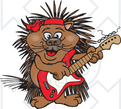 Clipart of a Cartoon Happy Porcupine Playing an Electric Guitar - Royalty Free Vector Illustration