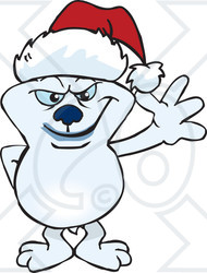Clipart of a Friendly Waving Polar Bear Wearing a Christmas Santa Hat - Royalty Free Vector Illustration