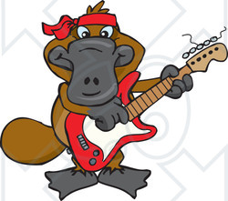 Clipart of a Cartoon Happy Platypus Playing an Electric Guitar - Royalty Free Vector Illustration