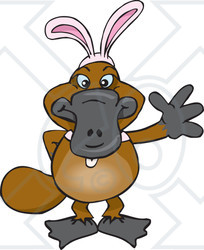 Clipart of a Friendly Waving Platypus Wearing Easter Bunny Ears - Royalty Free Vector Illustration