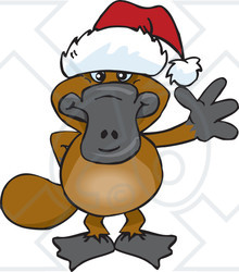Clipart of a Friendly Waving Platypus Wearing a Christmas Santa Hat - Royalty Free Vector Illustration