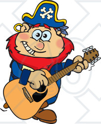 Clipart of a Cartoon Happy Pirate Man Playing an Acoustic Guitar - Royalty Free Vector Illustration